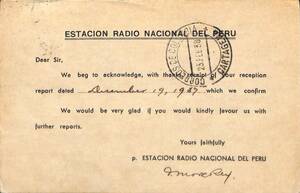 即決★送料込★BCL★入手困難★希少ベリカード★ペルー国営放送★RADIO NACIONAL DEL PERU★南米★1937年（★昭和12年）