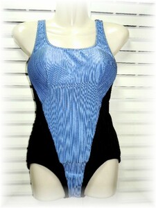  car rure made in Japan slim up lining One-piece swimsuit 11 number /L B cup dent convex stripe cloth black × blue 