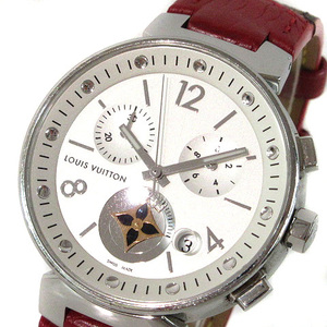ルイヴィトン LOUIS VUITTON 腕時計 タンブール ムーンスター MM Q8G00 白文字盤 レザー ベルト モノグラム クォーツ 箱付き レディース