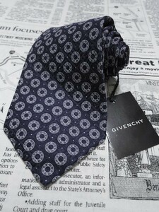 ジバンシィ GIVENCHY 美品 新品未使用タグ付き 微光沢 ネクタイ シルク100% パターン柄 濃紺系 ネイビー B-004434 ゆうパケット