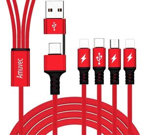 USBA to C 2 in 1 to 4 in 1充電ケーブル一本四役 USB携帯電話全機種対応 (1.2m 赤)