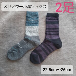 メリ ノウール 混 ソックス 靴下 2足 レディース サイズ あったか パープル ブルー ボーダー 冬