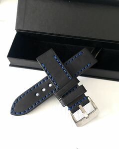 腕時計 メンズ用 牛革 レザー ベルト 24mm ブラック×ブルー 黒×青 Made in USA 【対応】パネライ PANERAI