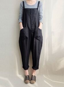 【L】ブラック サロペット オールインワン オーバーオール 体型カバー