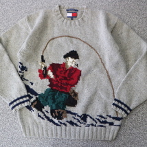 90s TOMMY HILFIGER 釣り Hand Knit セーター L フィッシング ハンドニット ウール コットン トミーヒルフィガー ヴィンテージ_画像1