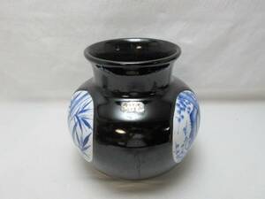 G09362 【 茶道具 天目三景 松竹梅図 花瓶 陶印 作者不明 箱無 】 検) 華道具 花器 花入れ 壺 ツボ インテリア 和室 茶室 レトロⅱ