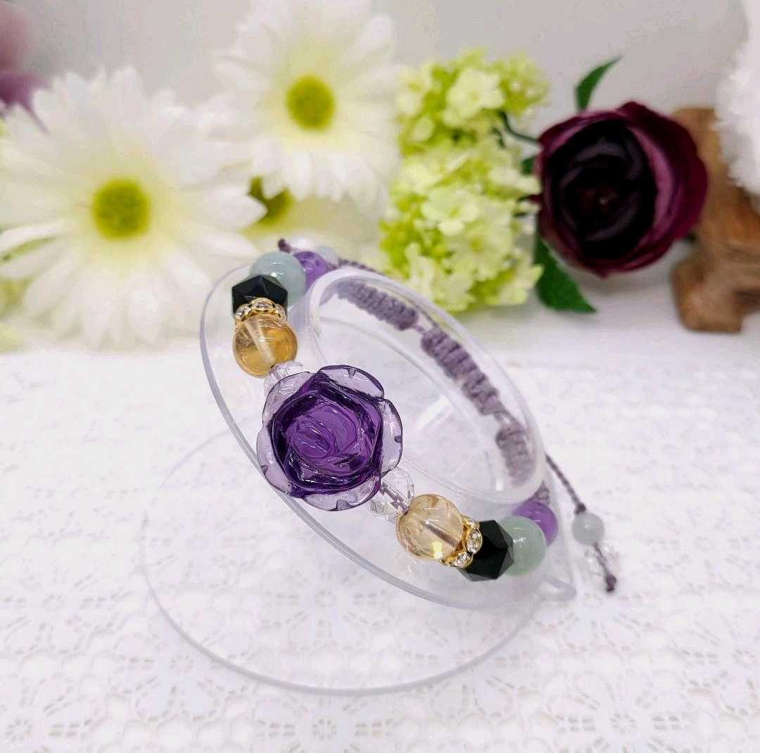 天然石花边手链◆紫水晶玫瑰雕刻◆彩虹黄水晶◆莫里恩, 手工制作的, 配饰(女士), 其他的