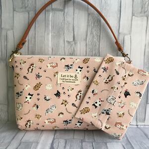 ハンドメイド ファスナーポーチ&ポケットティッシュケース 小さなネコ ピンク