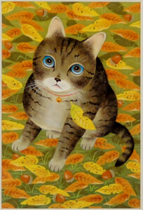 Art hand Auction Cute cat painter Katsutoshi Taki Cat framed mini art Gazing at Autumn Discontinued product, Limited stock., Artwork, Painting, others