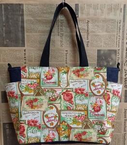 ハンドメイド トートバッグ ショルダーバッグ マザーズバッグ アンティーク薔薇柄バラ柄