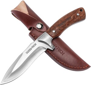 ☆新品☆SWISS+TECH シースナイフ フルタング構造 天然ウッドハンドル 全長25cm 本革ケース付き 薪割り 釣り 登山