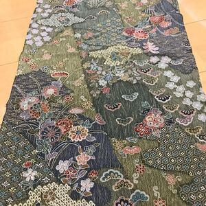 ★着物ハギレ 京友禅古典柄草花金彩 深緑★ 22 アンティーク はぎれ 古布 ちりめん