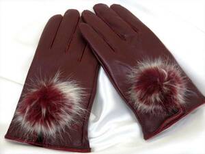  free shipping lady's gloves fur attaching wine red woman reverse side nappy 