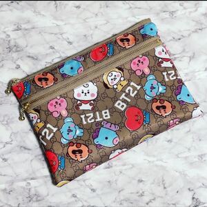ハンドメイド ダブルファスナーポーチ ペンポーチ ( BT21 茶 )