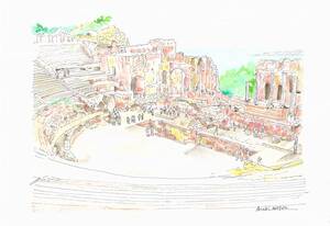 Art hand Auction World Heritage Cityscape/Roman Theater in Agrigento, Italy/F4 drawing paper/Original watercolor painting, painting, watercolor, Nature, Landscape painting