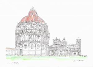 世界遺産の街並み・イタリア・ピサのドオモ広場・F4画用紙・水彩画・原画