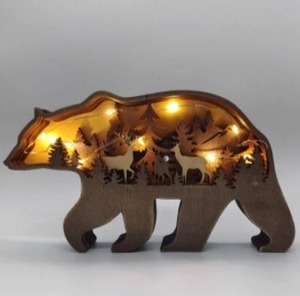 クリスマス 装飾 木製中空動物 彫刻 手工芸品 3Dクマエルクオオカミアートデコレーション ライトあり
