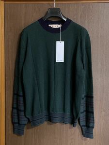 42新品 MARNI レディース ボーダー ハイゲージ ニット カシミヤ混 セーター オーバーサイズ 18AW size 42 L マルニ ダークグリーン