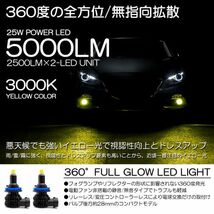 ZVW30/30系 前期/後期 プリウス LED フォグランプ H11/H16 25W 6000ルーメン 360度全方向拡散 3000K/イエロー/黄色 車検対応_画像1