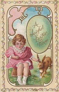 アンティークポストカード　絵葉書　イースターの少女と卵　うさぎ　エンボス