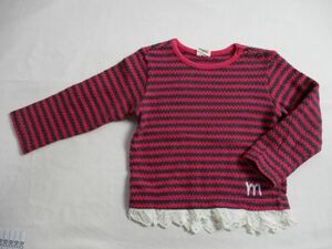 BC716【moujonjon】ムージョンジョン　ロゴ刺繍　ボーダー　フリル付き　セーター　トレーナー　女児　赤・黒　90