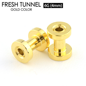 フレッシュ トンネル ゴールド 6G (4mm) GOLD アイレット サージカルステンレス316L カラーコーティング ボディピアス ロブ 6ゲージ┃