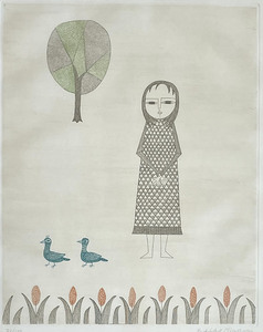 南桂子「少女と青い鳥Girl and Blue Birds」銅版画1979年/富山県出身/壷井栄・森芳雄に師事/真作保証