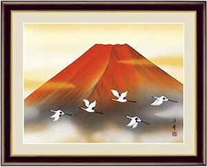 富士山 赤富士 鶴 開運 額付き 52x42cm インテリア 絵 アート 運気アップ 風水 絵画 金運 縁起物 新品 高級感 壁掛け