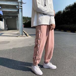 ジョガーパンツ テーパードパンツ サイドボタン ボトムス パンツ メンズ レディース L 原宿系 ストリート ピンク