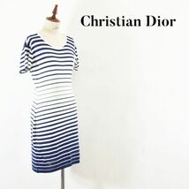 SS A0976 Christian Dior クリスチャンディオール レディース ボーダー柄 ワンピース ドレス レトロ ニット セーター ロゴ刺繍 ネイビー M_画像1