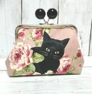あめ玉 角型 親子がま口 お財布ポーチ 猫 薔薇と黒猫 ピンク