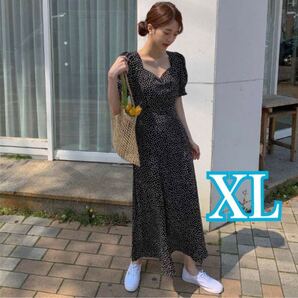ワンピース 韓国 体型カバー パフスリーブ 小花柄 XL マタニティ ロング丈ワンピース 秋 夏