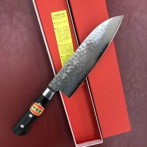 ★送料無料★堺菊守鎚目鍛造ダマスカス鋼三徳包丁165mm口金付半通し仕様