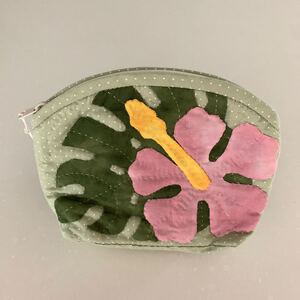 ハンドメイド ハワイアンキルトポーチ/ハイビスカス/グリーン