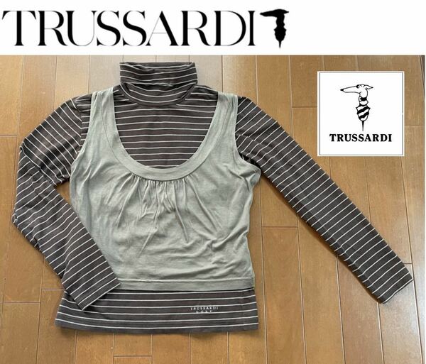 ★TRUSSARDI トラサルディ★ストレッチの効いたブラウンボーダーレディース長袖シャツ+ショートベスト/M