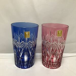 kagami crystal cut . pair tumbler pink * blue new goods 