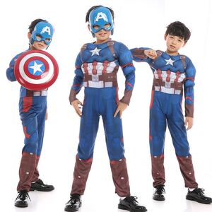 ハロウィン コスチューム 子供用仮装 キャプテンアメリカ マスク付き シールド付き キャプテンアメリカ服 マッチョ 筋肉隆々 新品