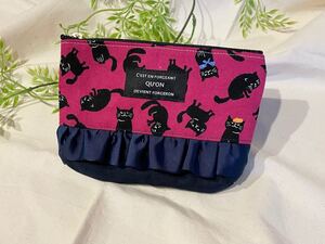 ハンドメイド ポーチ ミニポーチ コスメポーチ 猫柄 猫 小物入れ リボンフリル リボン