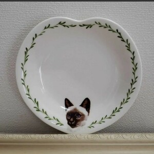 １点物　シャム猫　お皿　ハート　陶器　アンティーク 