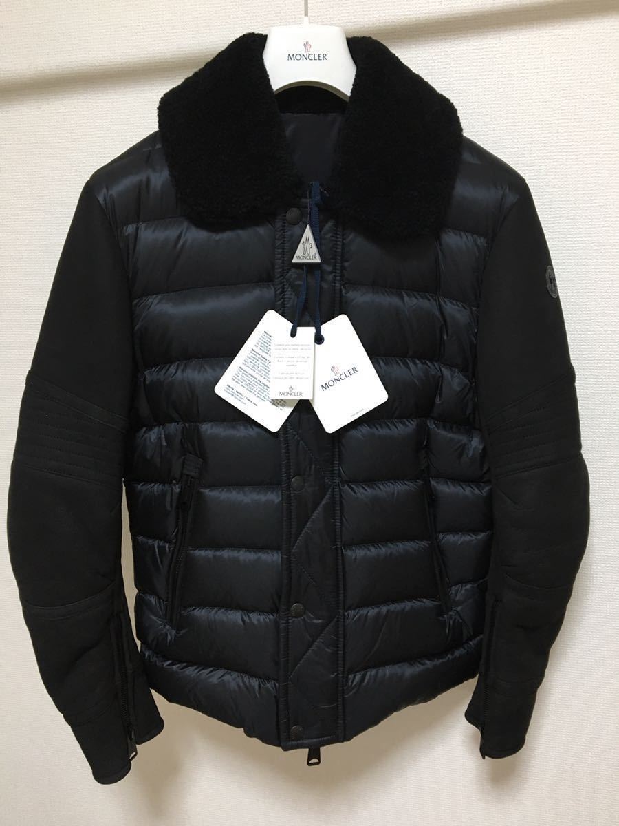 送料無料 未使用 MONCLER MONGIOIE 3 モンクレール ブラック レザー 切替 ライダース ダウンジャケット 正規品 定価585200円