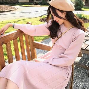 M レディース ニット ワンピース ピンク プリーツスカート ニット ワンピ ミディ丈 かわいい Aライン シルエット