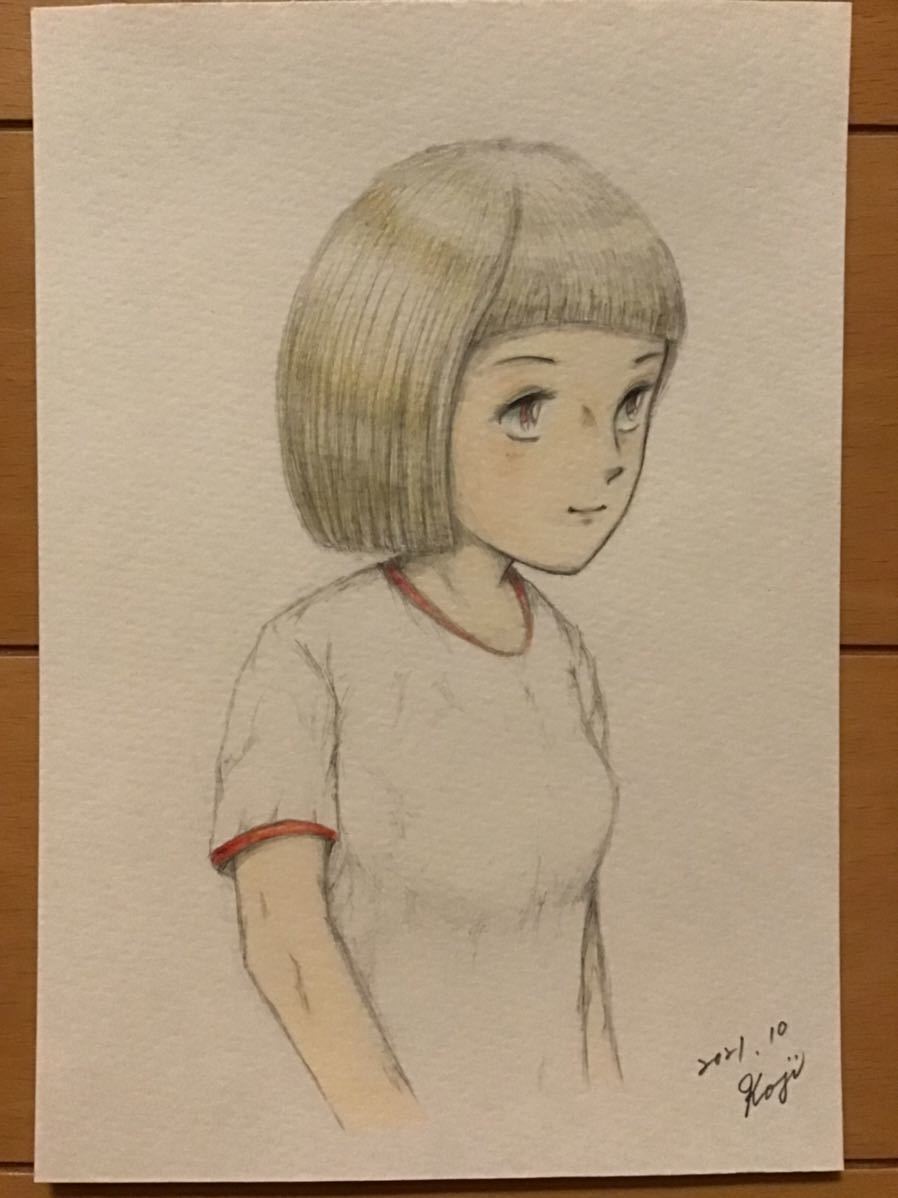 Handwritten illustration Girl ★Girl in gym clothes ★Pencil Colored pencil Ballpoint pen ★Drawing paper ★Size 16.5 x 11.5cm ★New, comics, anime goods, hand drawn illustration