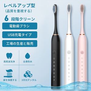 電動歯ブラシ 黒 ブラック 音波振動 6つのモード高周波 USB式