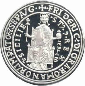 期間限定値下げ 1266年 リミニの皇帝 神聖ローマ皇帝 フリードリヒ2世 金印勅書 十字架 印章 純銀製 メダル コイン レリーフ 紋章 プレート