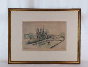 真作保証 ルネ・ウィリアム・トーマス リトグラフ「セーヌ河畔風景」画 45×28.5cm 仏人作家 パリ、ノートルダム大聖堂と街並みを描く 4914