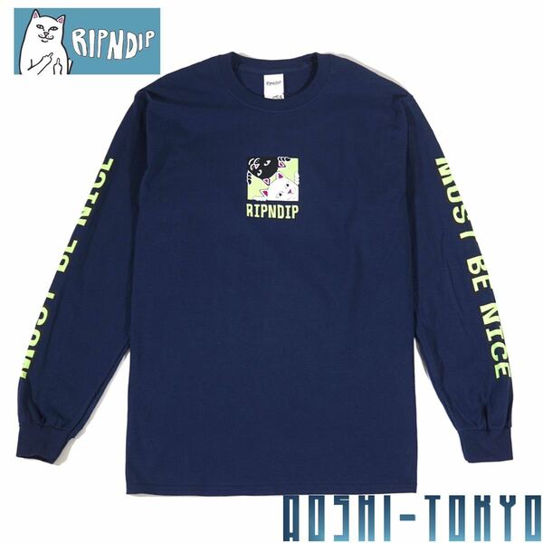 ◆RIPNDIP Besties ロングスリーブTシャツ/ネイビー　Mサイズ　　/リップンディップ/ロンT ロングTシャツ 袖プリント　猫