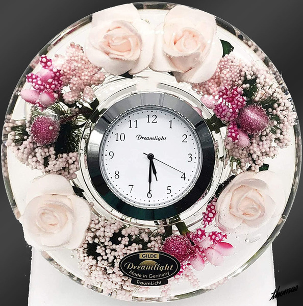 【優しさと上品さを表現】 置時計 フラワー ディスプレイ台付き コンパクトサイズ インテリア モダン ガラス プレゼント ホワイトローズ
