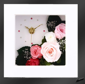 【結婚祝いやホワイトデーに】 ブリザードフラワー 置時計 ローズ スワロフスキー 高級感 贈り物 プレゼント ホワイトピンク