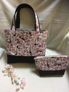 ☆ランチバッグ(トートバッグ)・ポーチのセット(花と黒ねこ)・マイボトルを持って ハンドメイド ミニトートバッグ