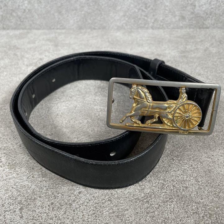 超人気新品 ビンテージ 黒 セリーヌCELINEレザーベルト 馬車金具 ...